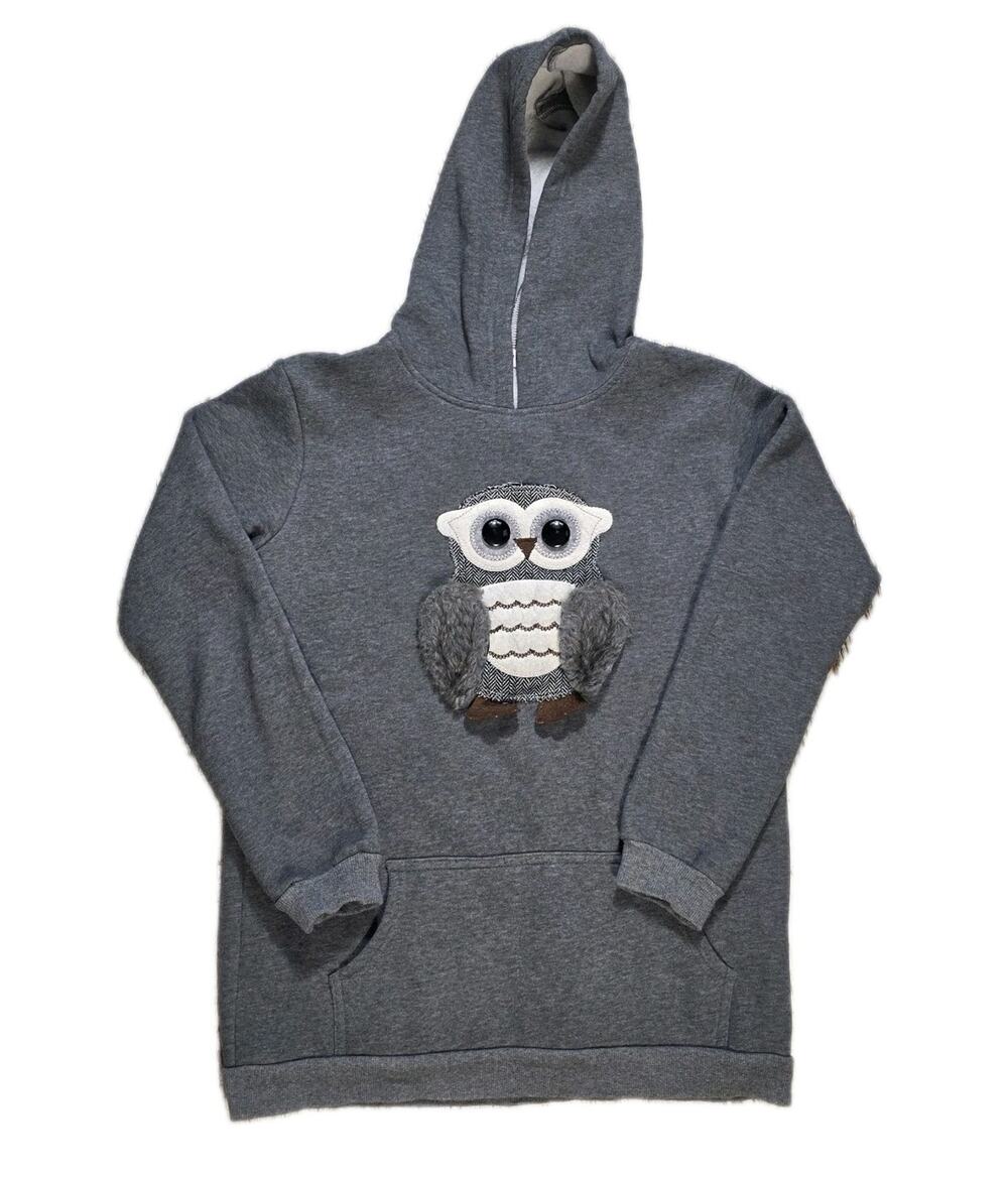 Cozy Owl Hoodie Pullover Sweatshirt Kid's Large Gray Long Sleeves Fuzzy Wings